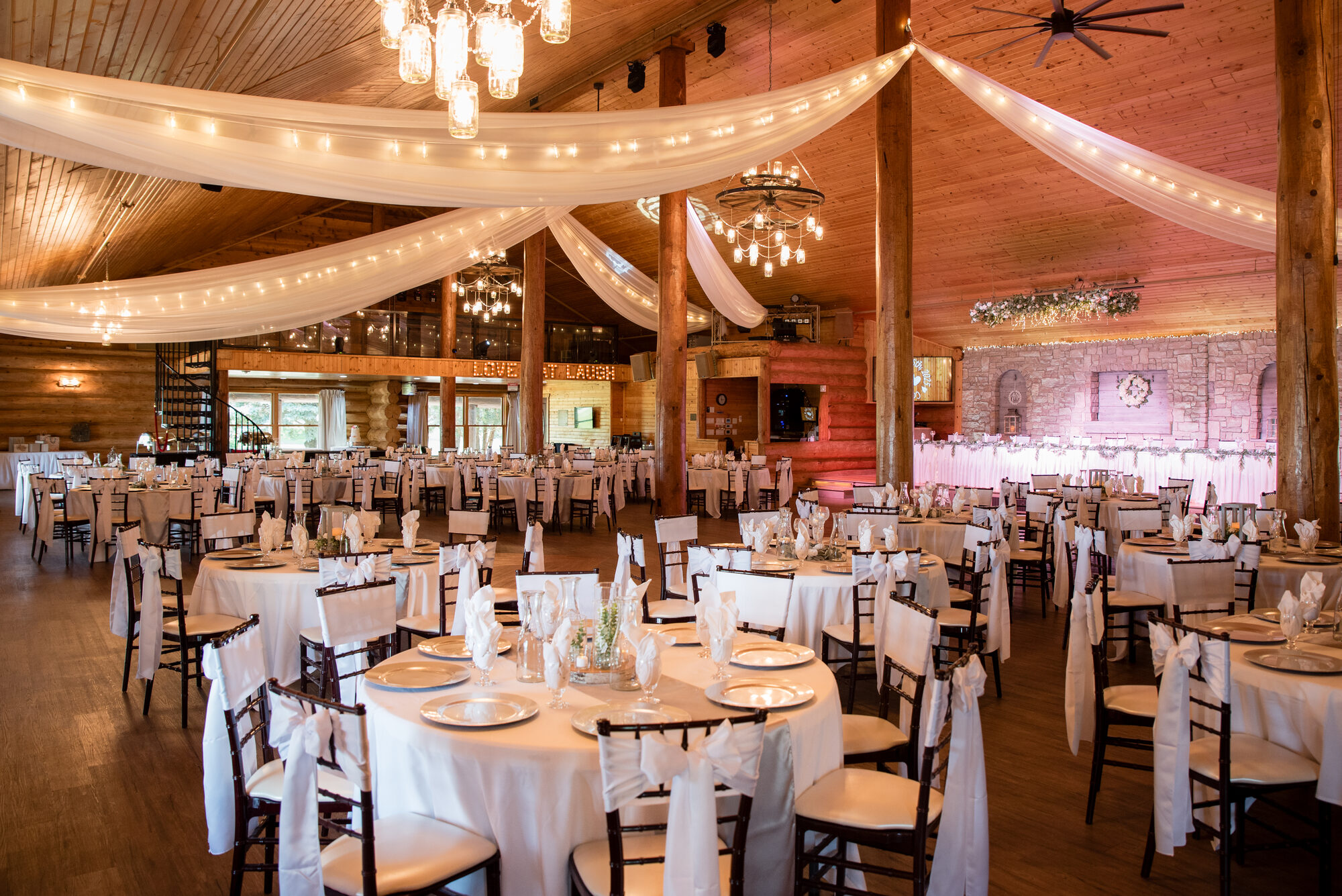 The Glenhaven Events ballroom set for a wedding reception in Farmington, Minnesota